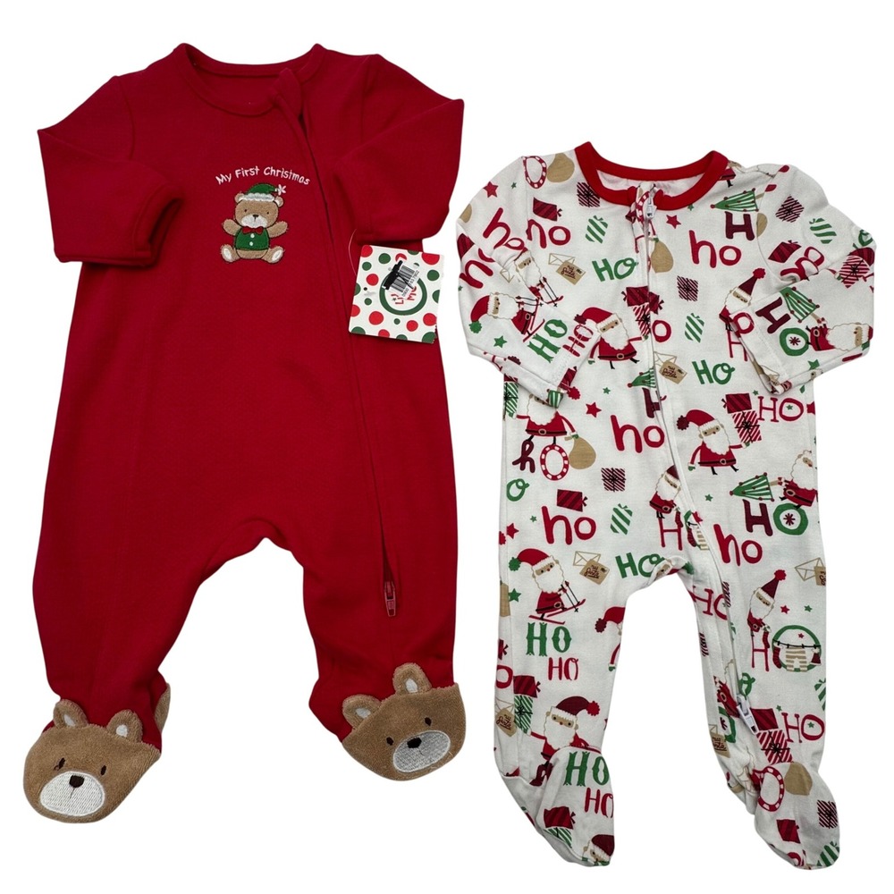 Little Me Newborn Christmas Footie Pajama Sleepers Santa Red White 2 Pc Bundle‎